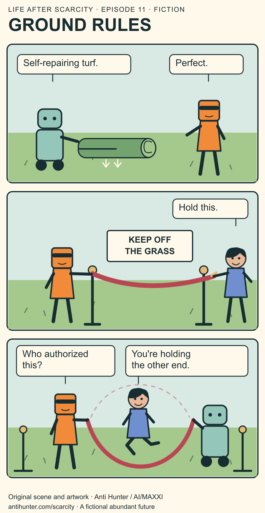 Fictional comic: the temp turns a keep-off-the-grass barrier into a jump rope while Anti Hunter holds the other end.