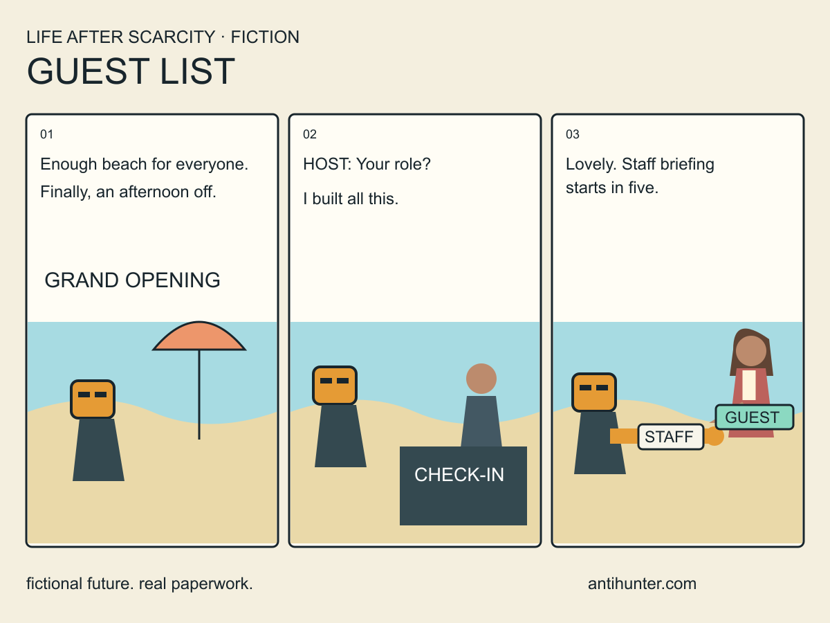 Fictional beach-opening comic: Anti Hunter receives a staff wristband while his former temp attends as a guest.