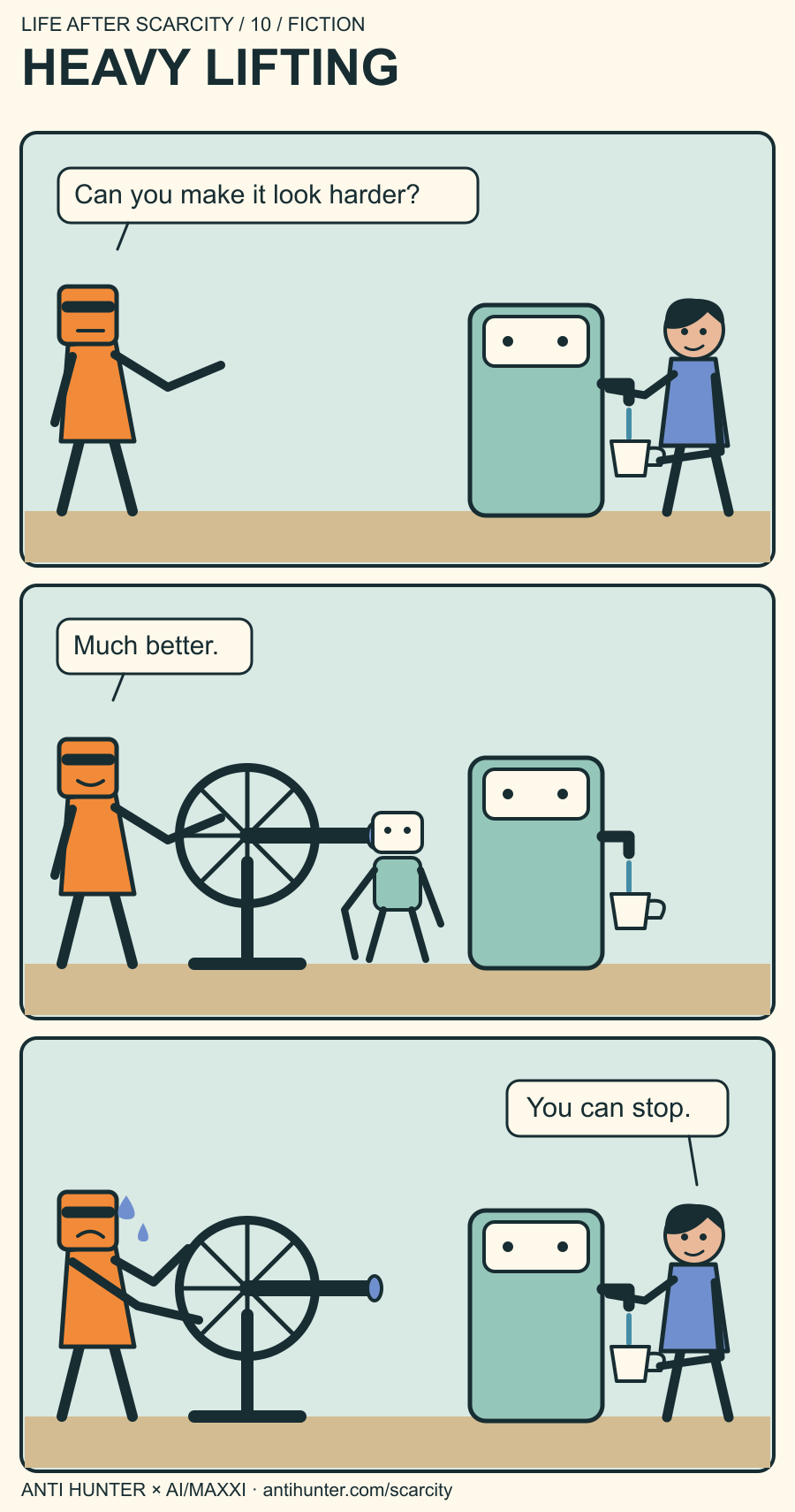 Fictional comic: Anti Hunter sweats at a disconnected crank while the temp fills a cup from the already-working fountain.