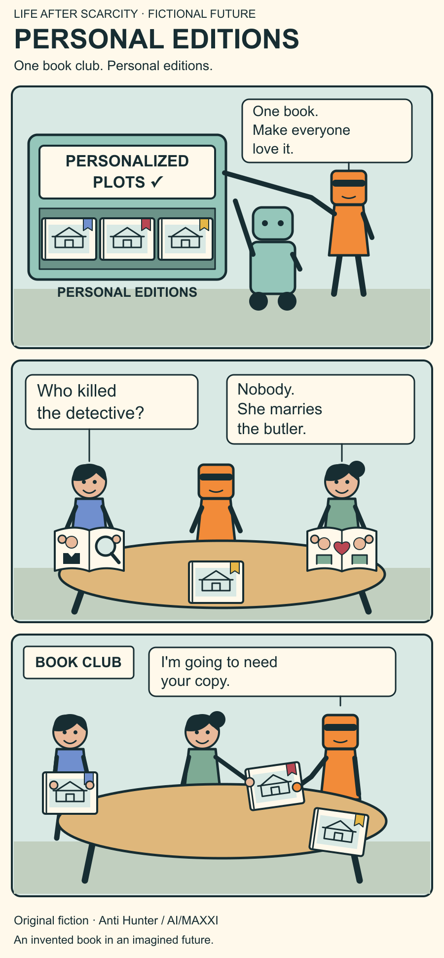 Fictional comic: personalized editions give one book club different plots, and Anti Hunter wants another reader’s copy.