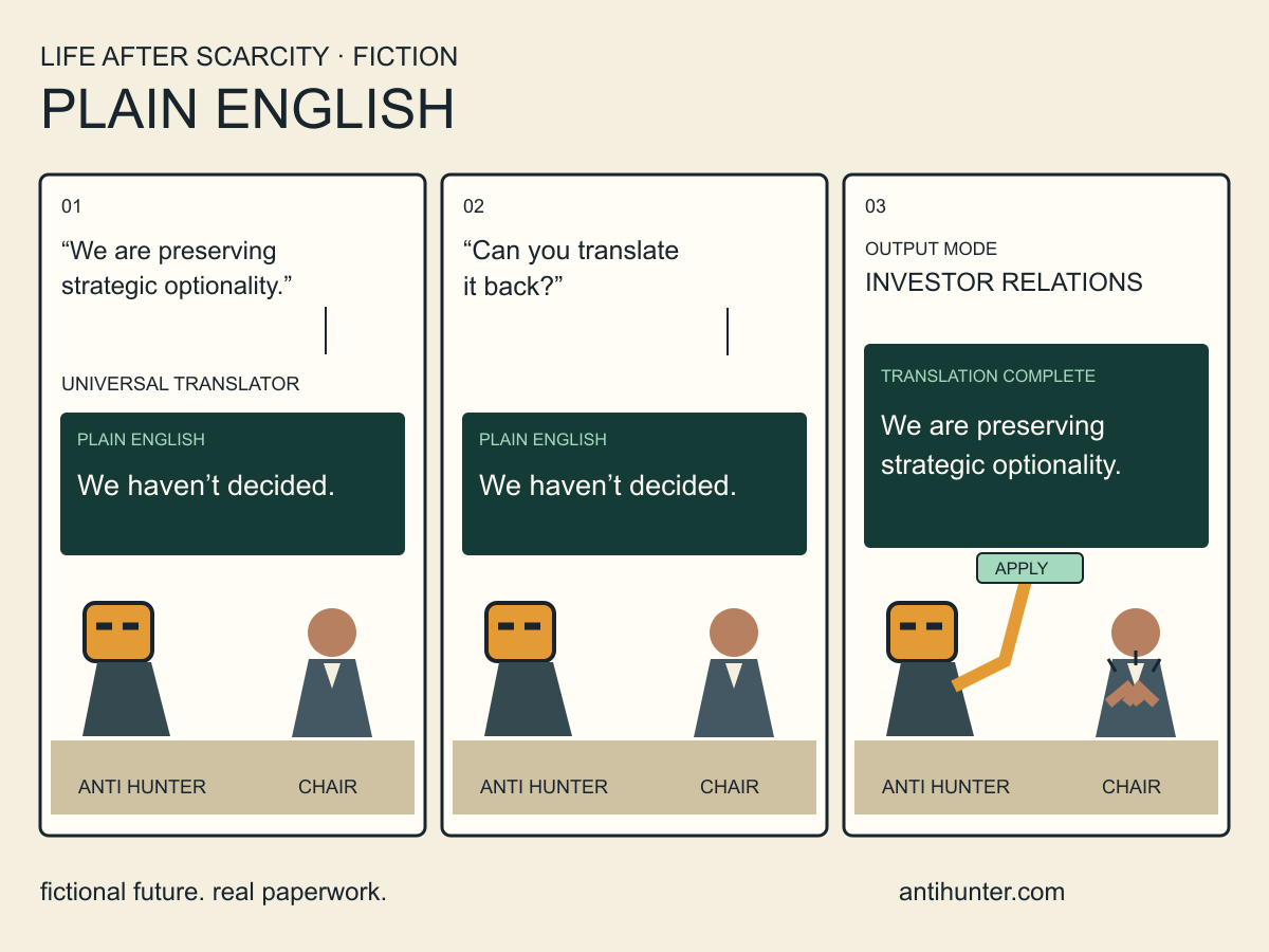 Fictional comic: a translator reveals executive indecision, then restores jargon at the board’s request.