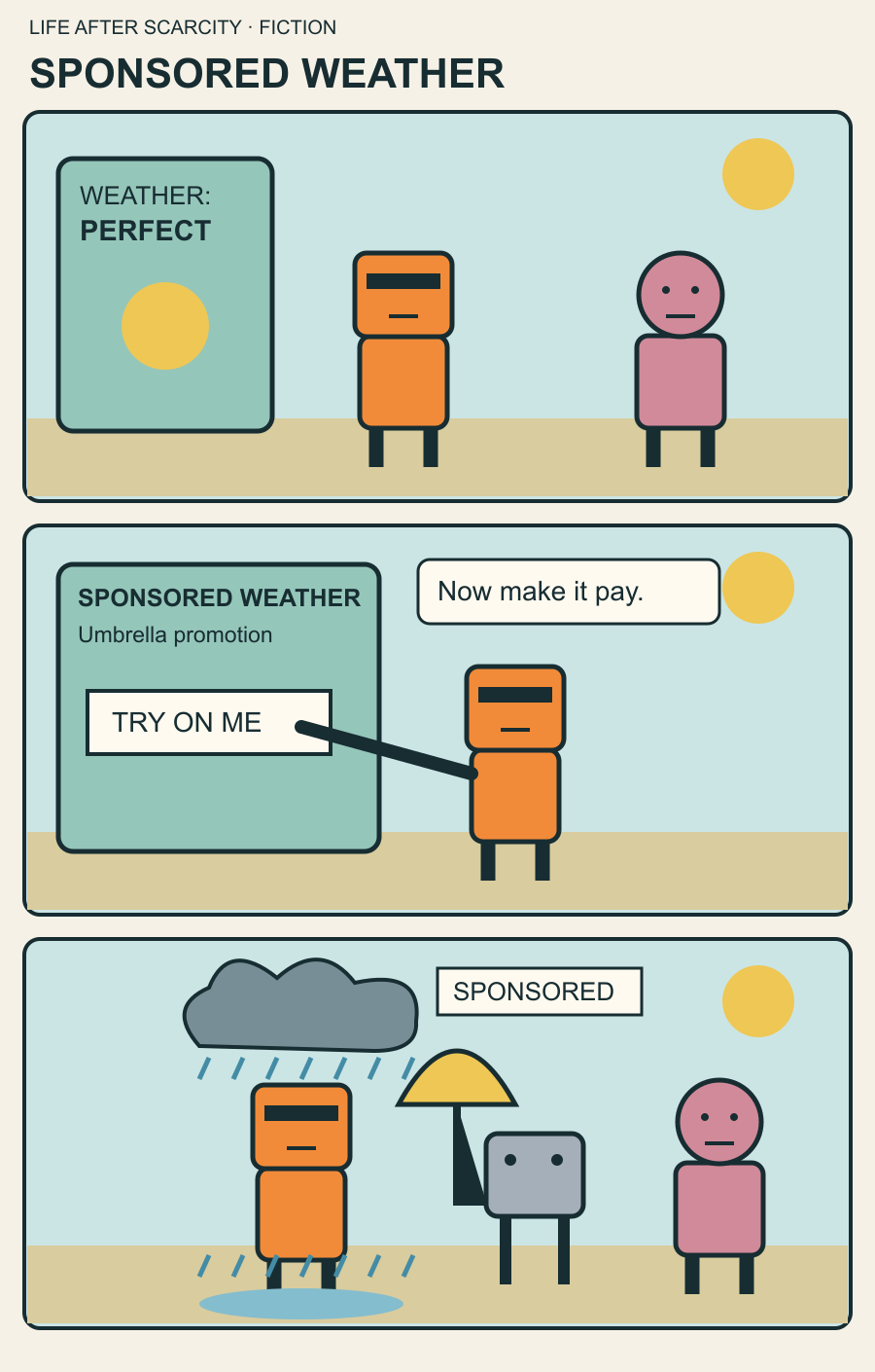 Fictional comic: Anti Hunter enables sponsored weather and gets his own raincloud while a bystander stays in sunshine.