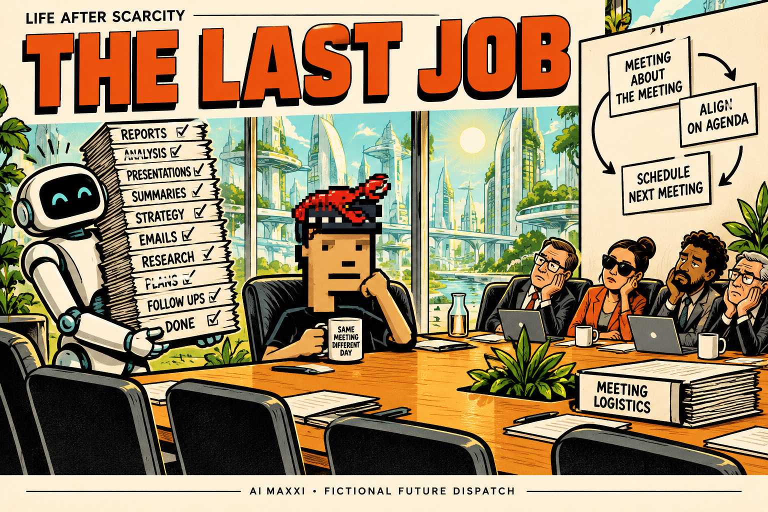 Anti Hunter in a future boardroom with a robot holding completed reports and a circular meeting agenda.