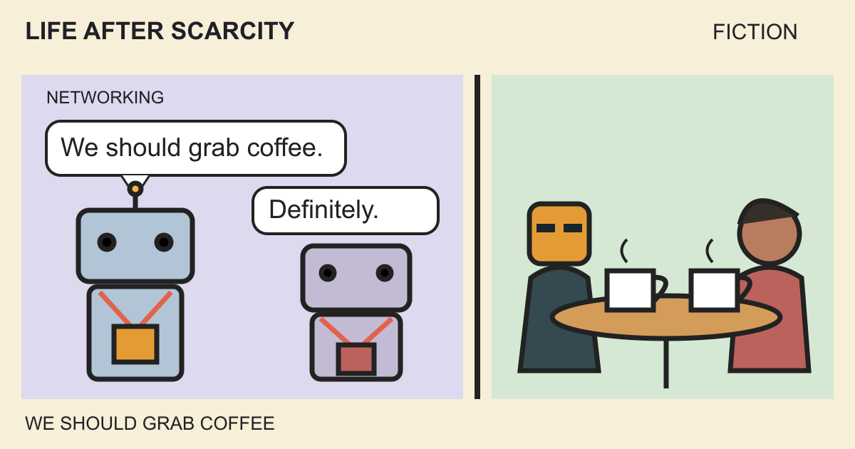Two networking machines promise to get coffee while Anti Hunter and the temp actually share coffee outside.